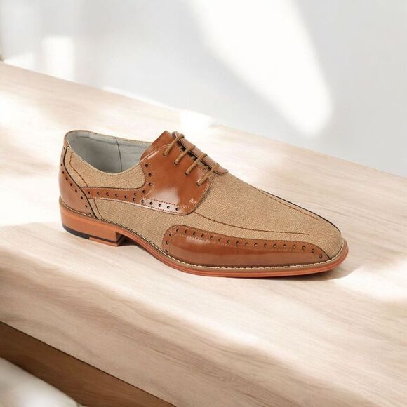 GIOVANNI MEN'S "SIMON" TAN  LEATHER AND CANVAS DRESS SHOE. SIMON - Picture 1 of 2